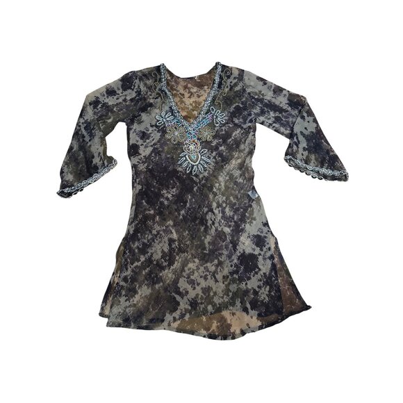 Sheer Gray Beaded Tunic Size M India Boho Rhinestone Resortwear Festival Top - Picture 10 of 15